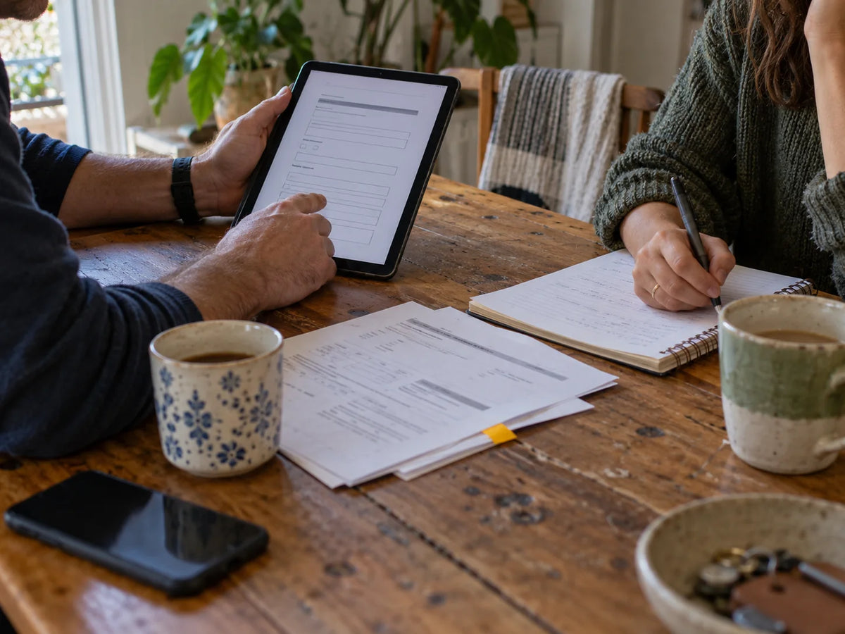 Two people sharing household paperwork and a fillable document