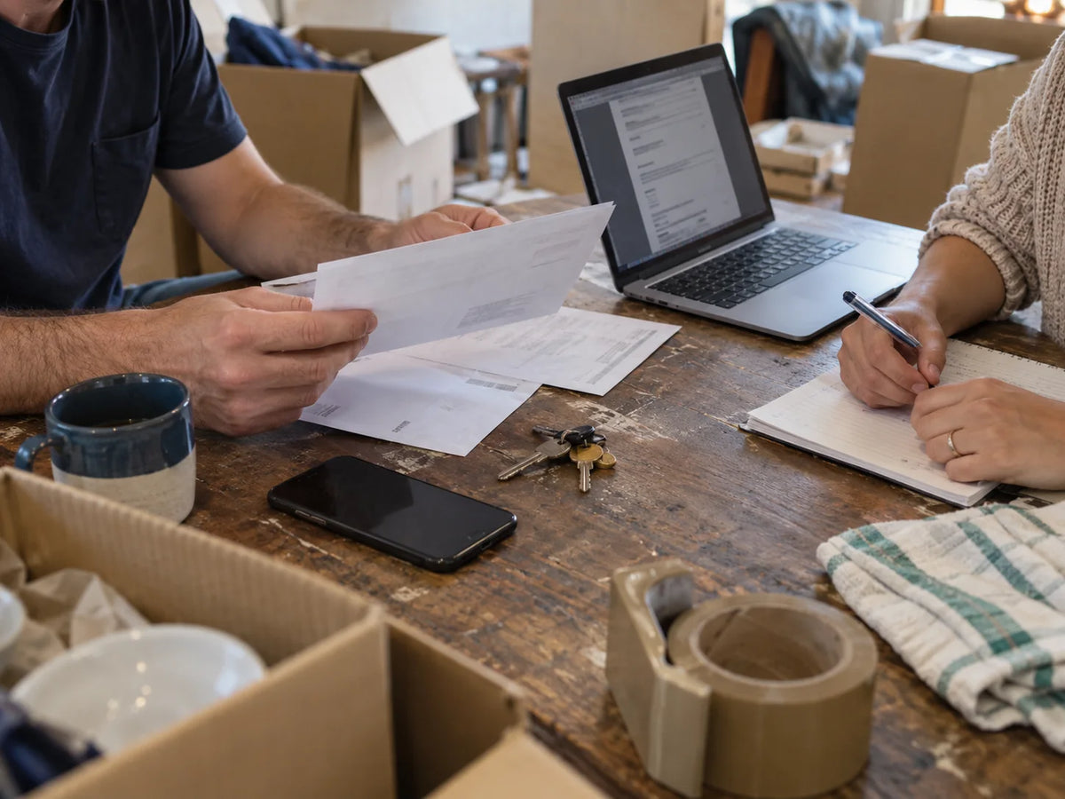 Household paperwork and keys being organised during a move