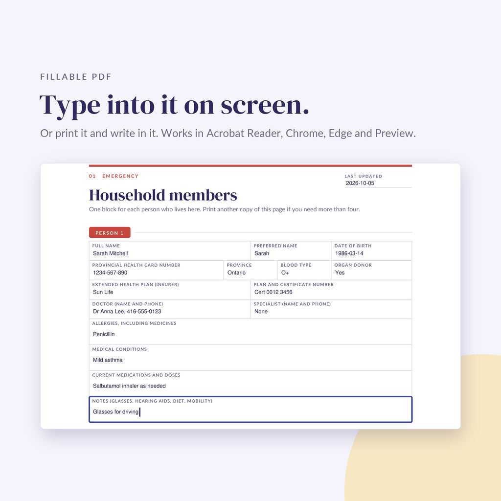 Household members page being filled in on screen