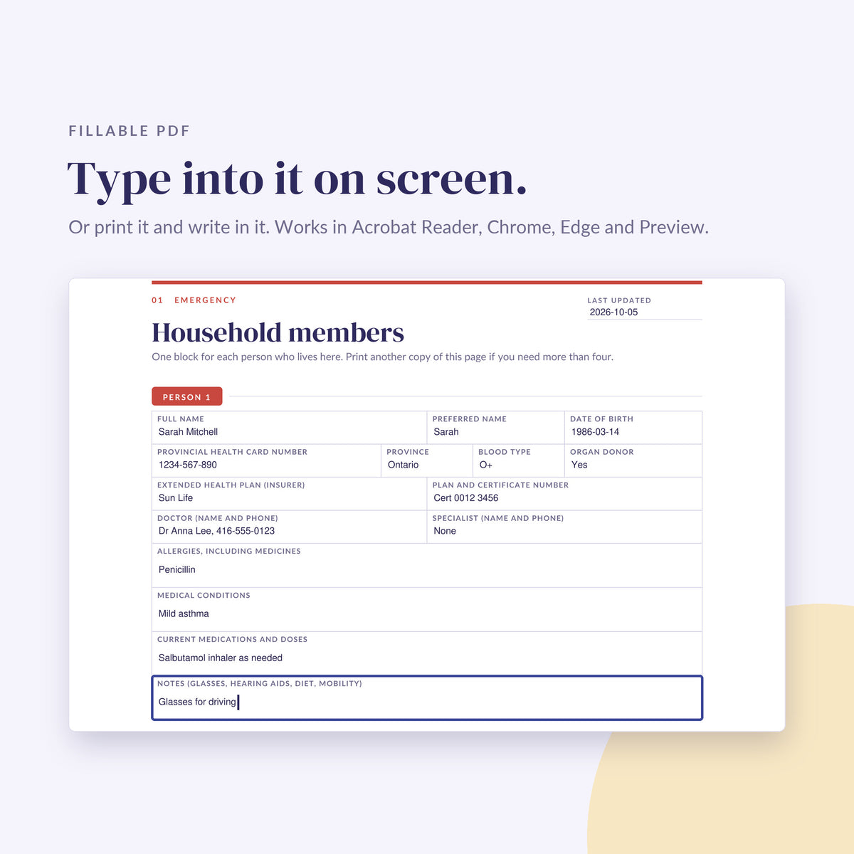 Household members page being filled in on screen