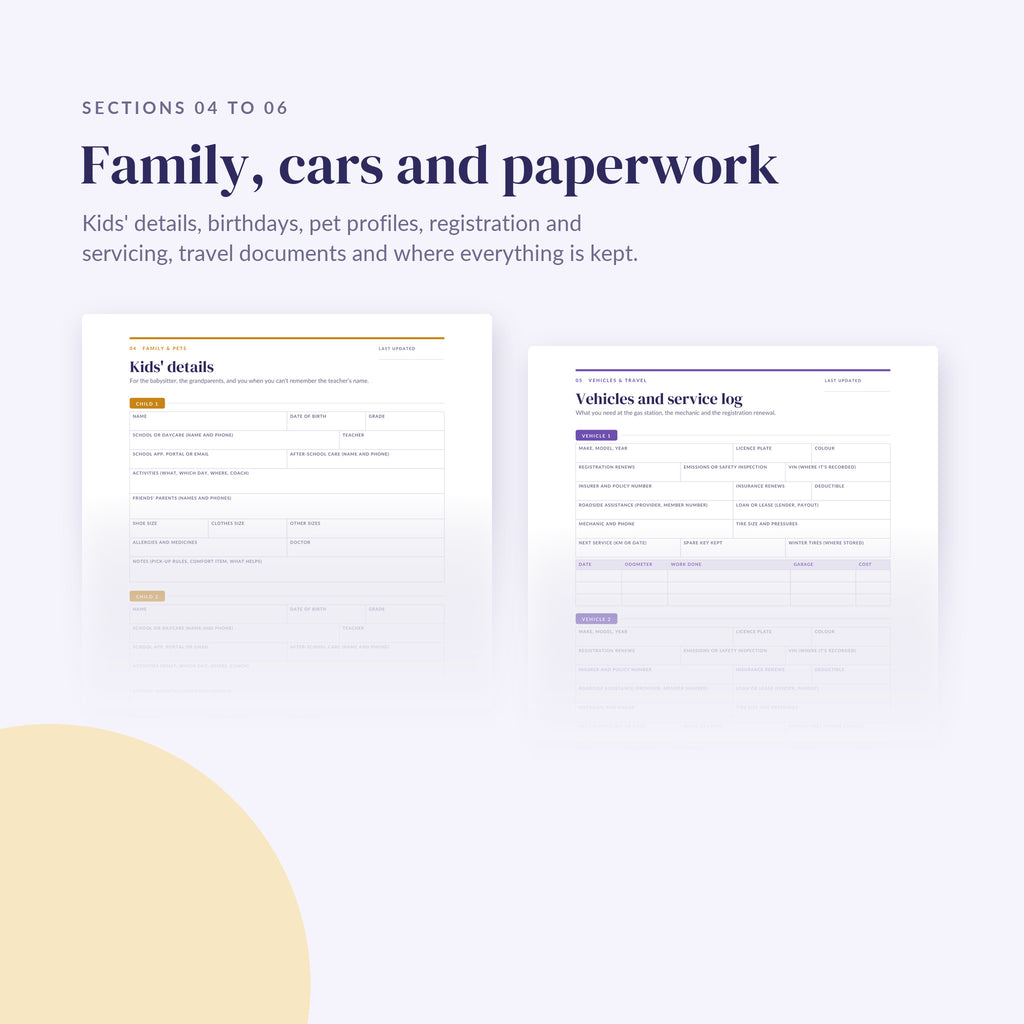 Top of the family, vehicle and document pages