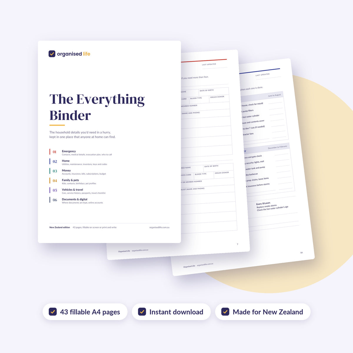 The Everything Binder cover with two inside pages