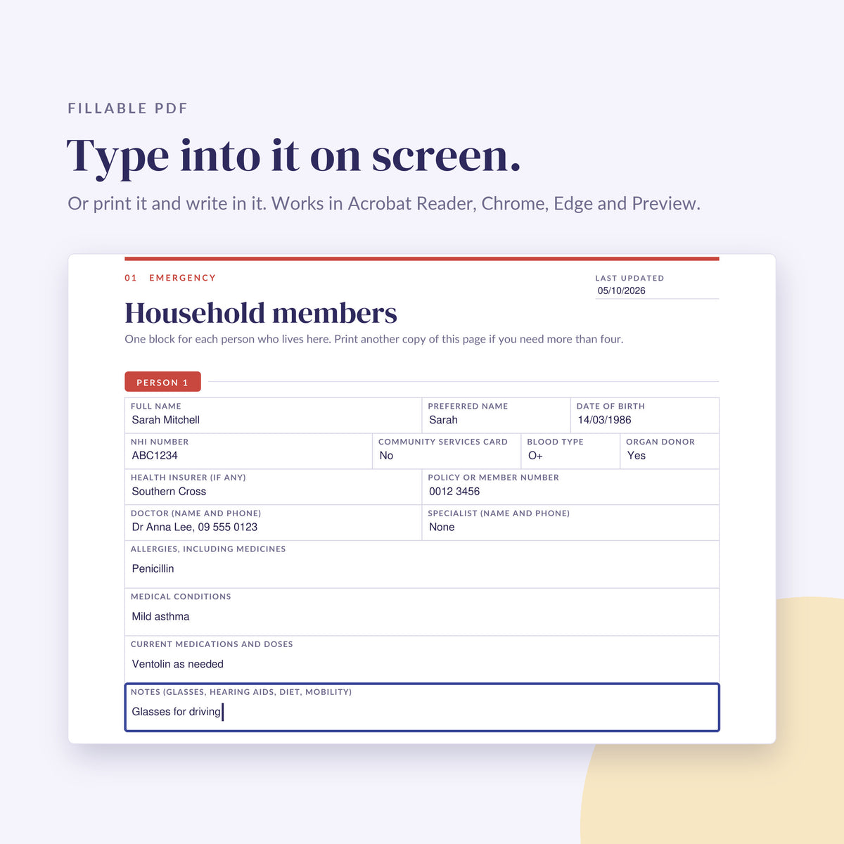 Household members page being filled in on screen