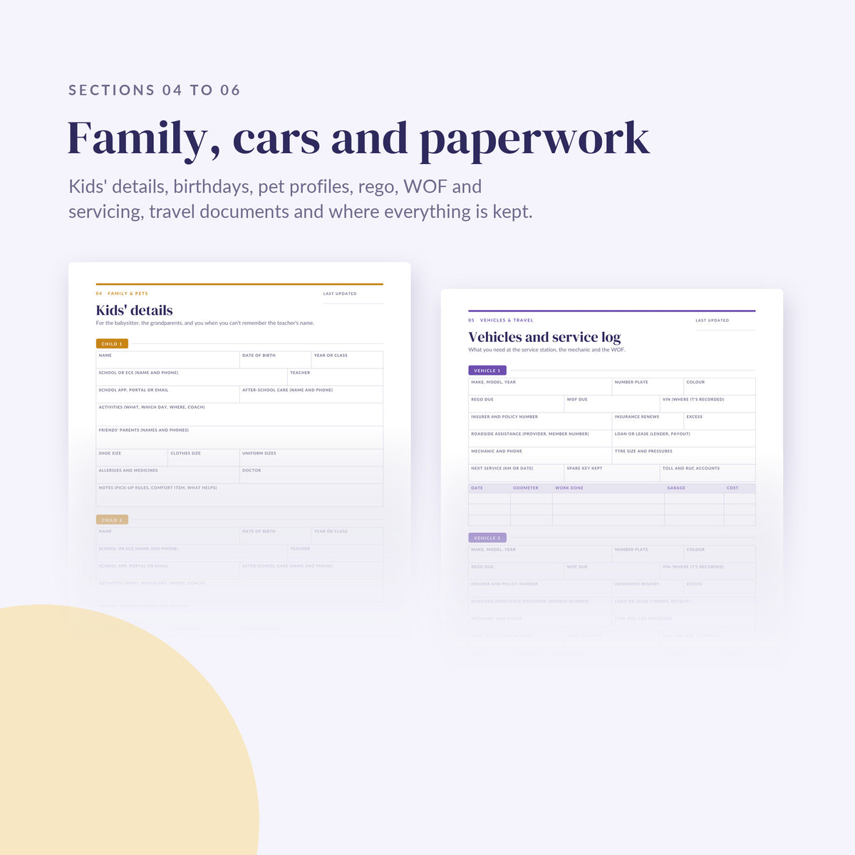 Top of the family, vehicle and document pages