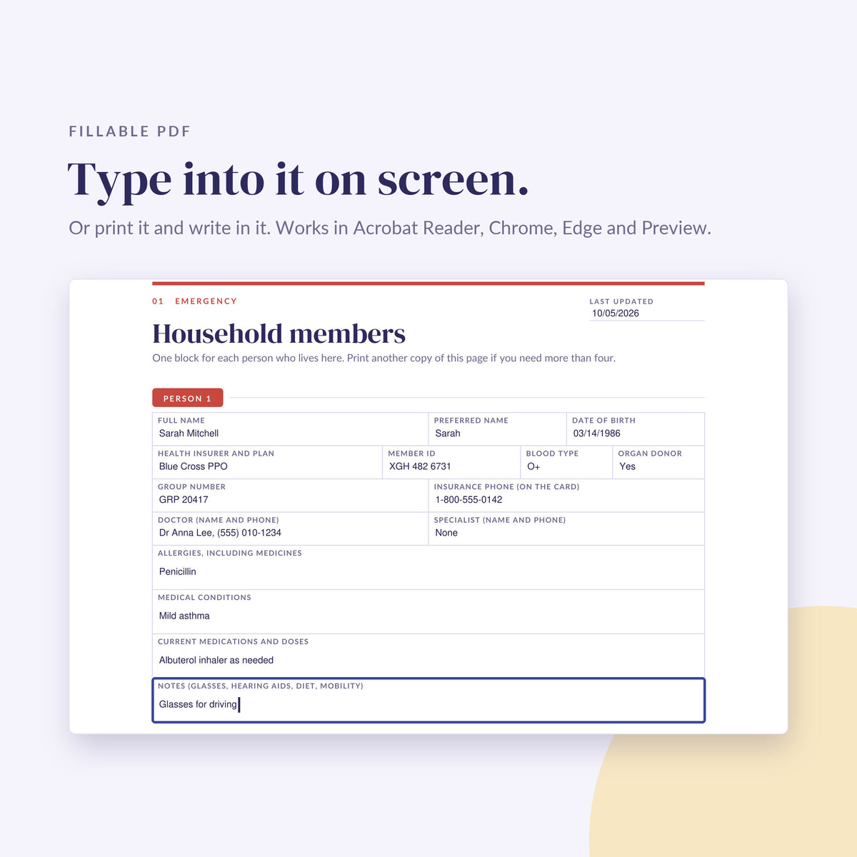 Household members page being filled in on screen