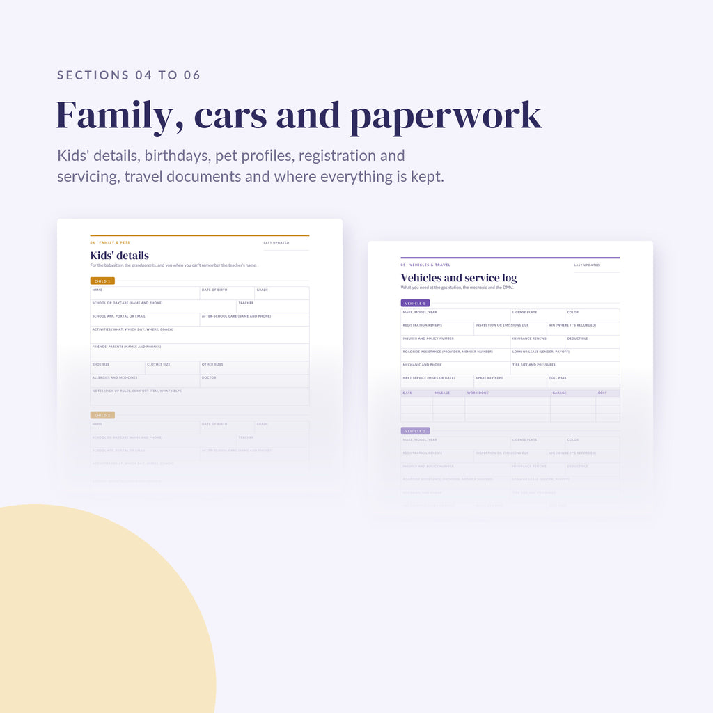 Top of the family, vehicle and document pages