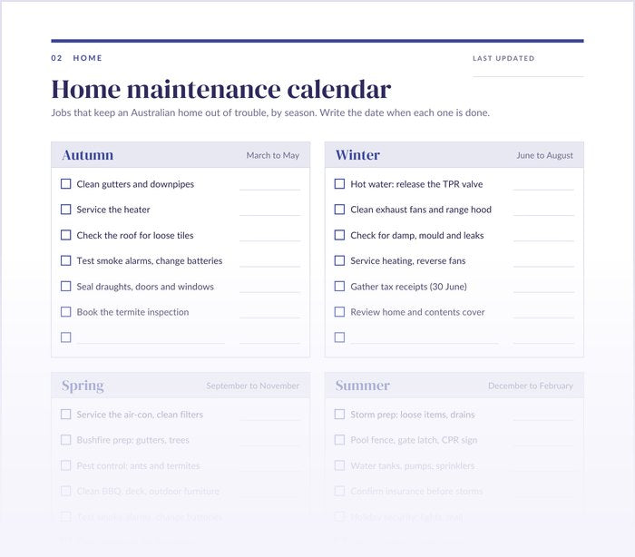 Top of the Home maintenance calendar page