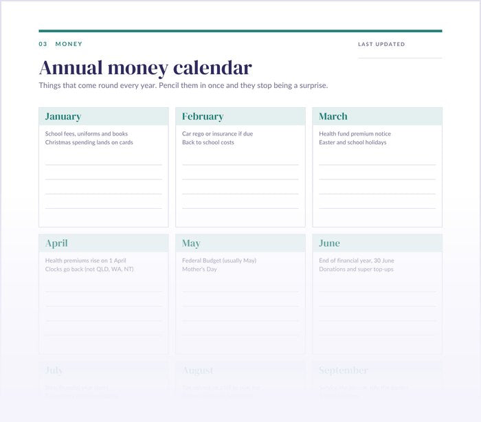 Top of the Annual money calendar page