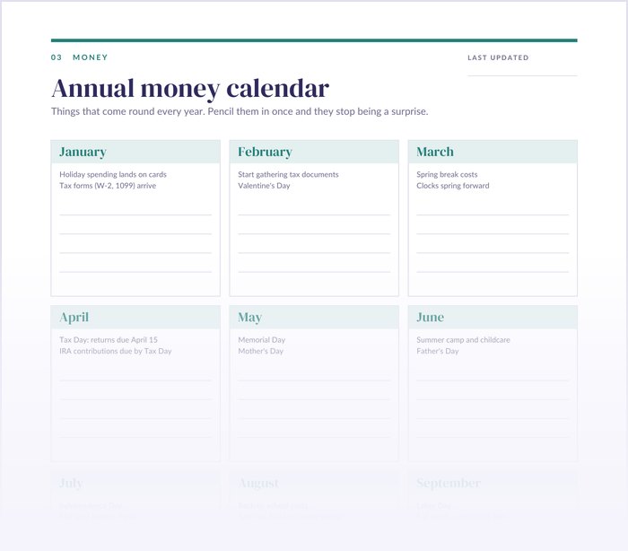 Top of the Annual money calendar page